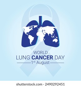 World Lung Cancer Day Poster with white cancer awareness ribbon vector. White awareness ribbon, human lungs and world map silhouette icon vector. August 1. Important day