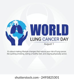 Póster del Día Mundial contra el Cáncer de Pulmón con Vector de cinta blanca de concienciación sobre el cáncer. Cinta de conciencia blanca, pulmones humanos y Vector de icono de silueta de mapa del mundo. 1 de agosto. Día importante