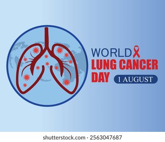 World Lung Cancer Day Poster, banner, card, background with red cancer awareness lung. Human lungs and world map silhouette icon. August 1.