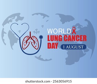 World Lung Cancer Day Poster, banner, card, background with red cancer awareness lung. Human lungs and world map silhouette icon. August 1.
