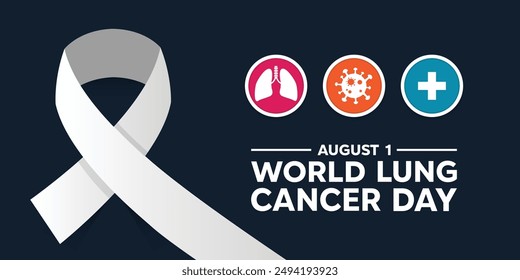 Día Mundial del Cáncer de Pulmón. Cinta, pulmón, tumor e icono positivo. Ideal para tarjetas, Anuncios, afiches, redes sociales y más. Fondo negro.