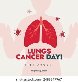 In: World Lung Cancer Day. 1. August World Lungs Cancer Day Awareness Banner mit Blick auf die Lunge, die von Viren angegriffen wird. Im Mittelpunkt des Tages steht die Kraft der Einheit im Kampf gegen Krankheit und Krankheit.