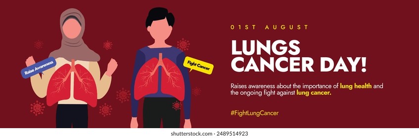 World Lungs Cancer Day. 1st August World Lungs cancer day awareness cover banner with inside view of lungs of a boy and a girl. The theme for 2024 is Stronger Together United for Lung Cancer Awareness