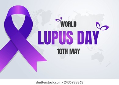 World Lupus Day 10th May with purple ribbon illustration on a world map background