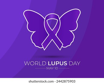 World Lupus Day 10th May with purple ribbon on a world map background. Banner poster, flyer and background design. Vector illustration.