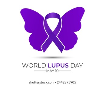 World Lupus Day 10th May with purple ribbon on a world map background. Banner poster, flyer and background design. Vector illustration.