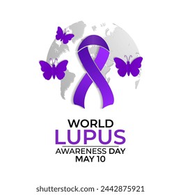 World Lupus Day 10th May with purple ribbon on a world map background. Banner poster, flyer and background design. Vector illustration.