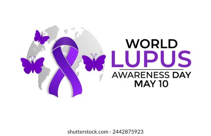 World Lupus Day 10th May with purple ribbon on a world map background. Banner poster, flyer and background design. Vector illustration.