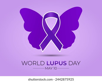 World Lupus Day 10th May with purple ribbon on a world map background. Banner poster, flyer and background design. Vector illustration.