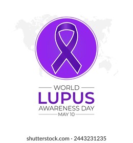 World Lupus Day 10th May with purple ribbon on a world map background. Banner poster, flyer and background design. Vector illustration.
