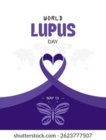 World Lupus Day 10th may.  with purple ribbon and butterfly. Banner poster, flyer and background design. Vector illustration.