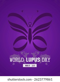 World Lupus Day 10th may.  with purple ribbon and butterfly. Banner poster, flyer and background design. Vector illustration.