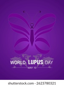 World Lupus Day 10th may.  with purple ribbon and butterfly. Banner poster, flyer and background design. Vector illustration.