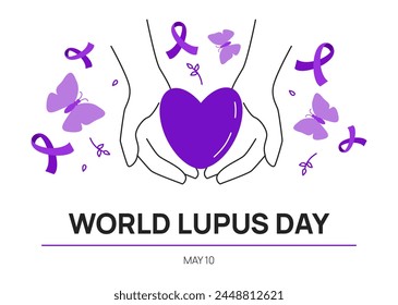 World lupus day. Lupus Awareness Month. Purple butterflies and ribbons. Chronic autoimmunity. Banner, poster, flyer, background design. Vector illustration