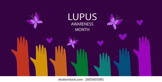 World lupus day. Lupus awareness month. Greeting card featuring butterfly being reached for by diverse hands,  wellness awareness poster.  continuous line art hand drawn vector illustration.