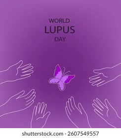 World lupus day. Lupus awareness month. Greeting card featuring butterfly being reached for by diverse hands,  wellness awareness poster.  continuous line art hand drawn vector illustration.