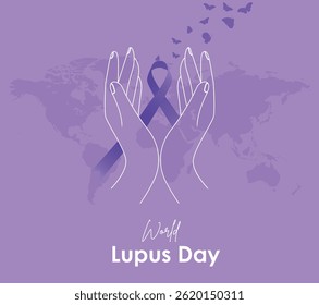 World Lupus Day. Lupus Awareness Month. Purple butterflies and ribbons. Chronic autoimmunity. Lupus Awareness Month design template. Banner with a purple ribbon and a butterfly in the hands.