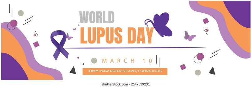 World lupus day banner promoting awareness with purple ribbon and butterflies flying on march 10