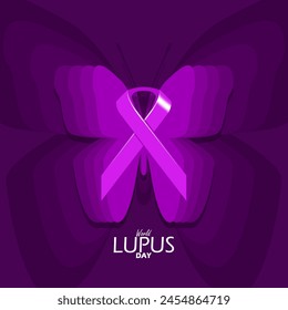 World Lupus Day event banner. A purple ribbon with illustration of  butterfly on dark purple background to commemorate on May 10th