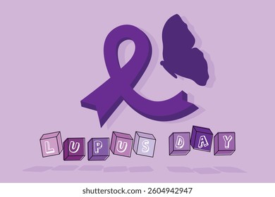 world lupus day illustration with purple ribbon Symbol with purple butterfly with lupus day lettering typography, International Lupus Day Awareness Support Artwork, Purple Ribbon and Butterfly Sketch 