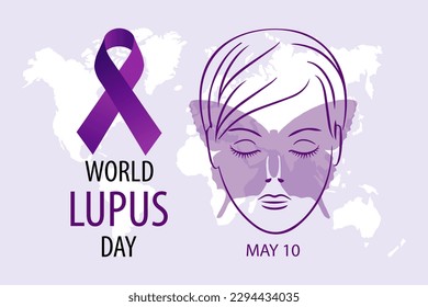 World Lupus Day, May 10, banner. Woman's face with butterfly and purple ribbon. Medical poster, vector