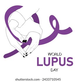 World Lupus Day poster. Vector cartoon illustration of  hands with a heart shape holding a purple ribbon.