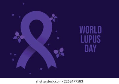 World Lupus Day stylish ribbon vector illustration. Purple awareness ribbon with butterflies background. Solidarity day. Vector illustration