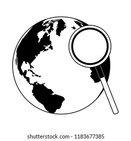 World and magnifying glass in black and white