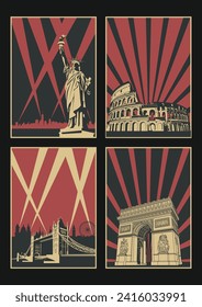 World Main Landmarks from USA, Italy, United Kingdom, France. Statue of Liberty, Rome Colosseum, London Bridge, Paris Arch. Retro Propaganda Posters Stylization 