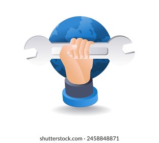 Mundo de los técnicos de mantenimiento infografías ilustración 3d isométrica plana