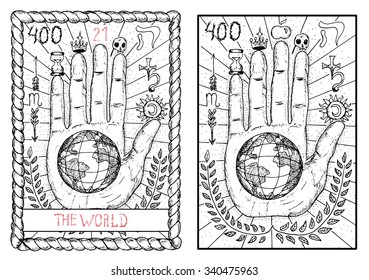 The World.  The Major Arcana Tarot Card, Vintage Hand Drawn Engraved Illustration With Mystic Symbols. Concept Image With Human Hand Or Palm With Earth Planet In The Middle