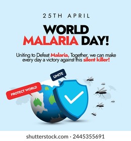 Día Mundial de la Malaria. 25 de abril Anuncio de celebración del Día Mundial de la Malaria con globo terráqueo, escudo de protección y mosquitos. Equidad en salud, género y derechos humanos. Malaria, dengue, zika, fiebre amarilla.