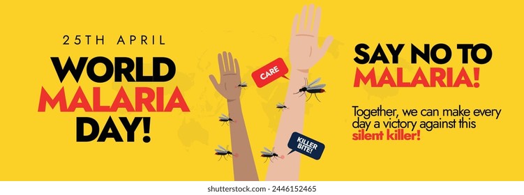 World Malaria day. 25th April World Malaria day celebration cover banner with human arms and multiple mosquitoes biting on them. Malaria prevention awareness banner to fight illnesses against mosquito