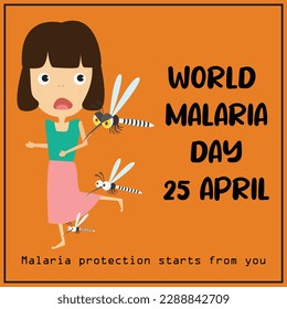Día Mundial de la Malaria, concepto, ilustración 3D. 25 de abril. Plantilla para fondo, banner, pegatina, tarjeta de felicitación, afiche, con ilustración vectorial de eslogan. Día importante de abril. modificable. color naranja.