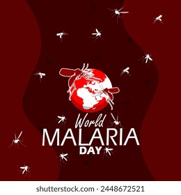 World Malaria Day event banner. Red globe with malaria mosquitoes on dark red background to commemorate on April 25th