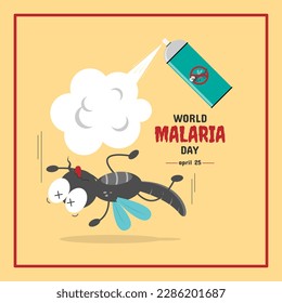 World Malaria Day greeting with a mosquito die because of mosquito repellent spray