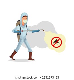 World malaria day, illustration of pesticide spraying cartoon character, protective suit, exterminator.