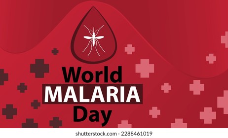 Diseño de pancarta vectorial del Día Mundial de la Malaria en color rojo, ícono de mosquito, gotita de sangre, cruz médica y tipografía. Afiche simple moderno del Día Mundial de la Malaria que crea conciencia de los antecedentes.