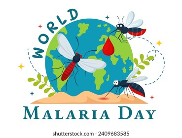 World Malaria Day Vector Illustration on April 25 with Earth Protected from Mosquitoes to Avoid Mosquito Bites in Healthcare Flat Cartoon Background