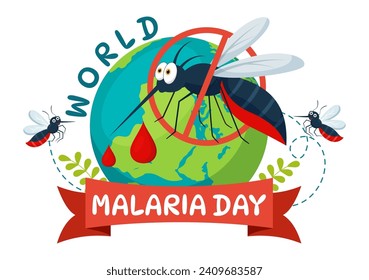 Ilustración vectorial del Día Mundial de la Malaria el 25 de abril con la Tierra protegida de mosquitos para evitar picaduras de mosquito en atención médica Fondo de caricatura plana
