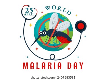 Ilustración vectorial del Día Mundial de la Malaria el 25 de abril con la Tierra protegida de mosquitos para evitar picaduras de mosquito en atención médica Fondo de caricatura plana