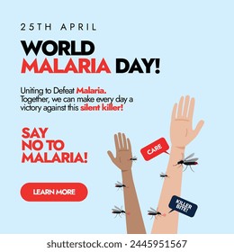 Día Mundial de la Malaria.25 de Abril Día Mundial de la Malaria Anuncio de celebración con brazos humanos y múltiples mosquitos picando en ellos.Anuncio de sensibilización de prevención de la malaria para luchar contra las enfermedades contra las picaduras de mosquitos.