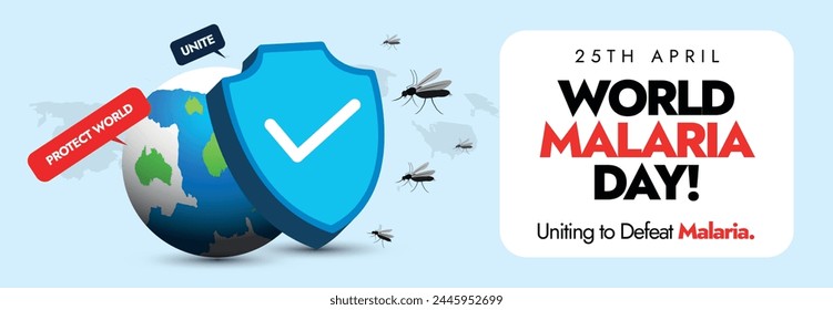 World Malaria day.25th April World Malaria Day celebration cover banner with earth globe, protection shield and mosquitoes.Malaria, Dengue, Zika, Yellow fever prevention awareness cover banner.