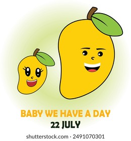 World Mango Day. 22 July. Papa and Baby Funny Emoji Mango Characters Isolated on Light Green Background.