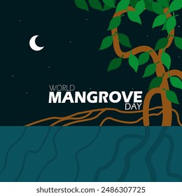 World Mangrove Day event nature banner. Illustration of mangrove trees at night to celebrate on July 26th