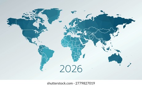 World map 2026 with country borders. Polygonal vector illustration for decoration, global, international business, travel, web design, media, infographics