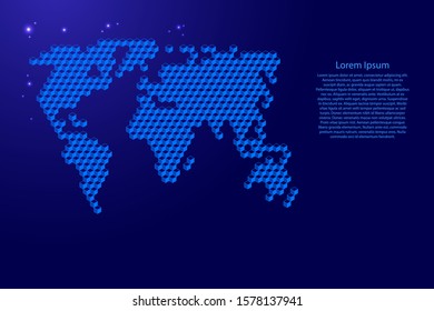 World map from 3D blue cubes isometric abstract concept, square pattern, angular geometric shape, glowing stars. Vector illustration.