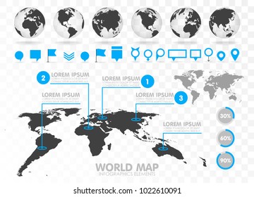 World map and 3D globe set with infographics elements. Design information, business graph and chart. Vector illustration