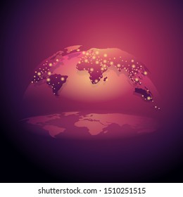 World map 3D in hemispherical form on dark background with highlighted cities - creative decoration of infographics, communication technologies, scientical brochures 