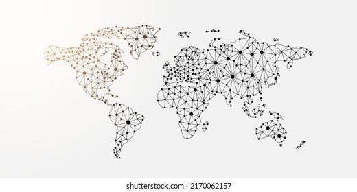 World Map 3d low poly symbol with connected dots. Geography, travel, cartography design vector illustration. Earth planet polygonal wireframe